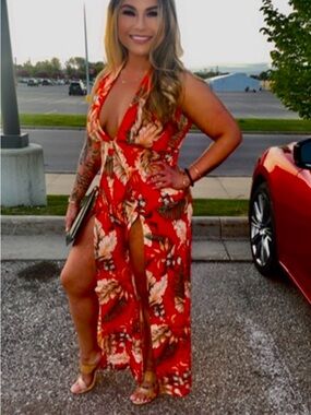 Timing Red Floral Split-Front Jumpsuit